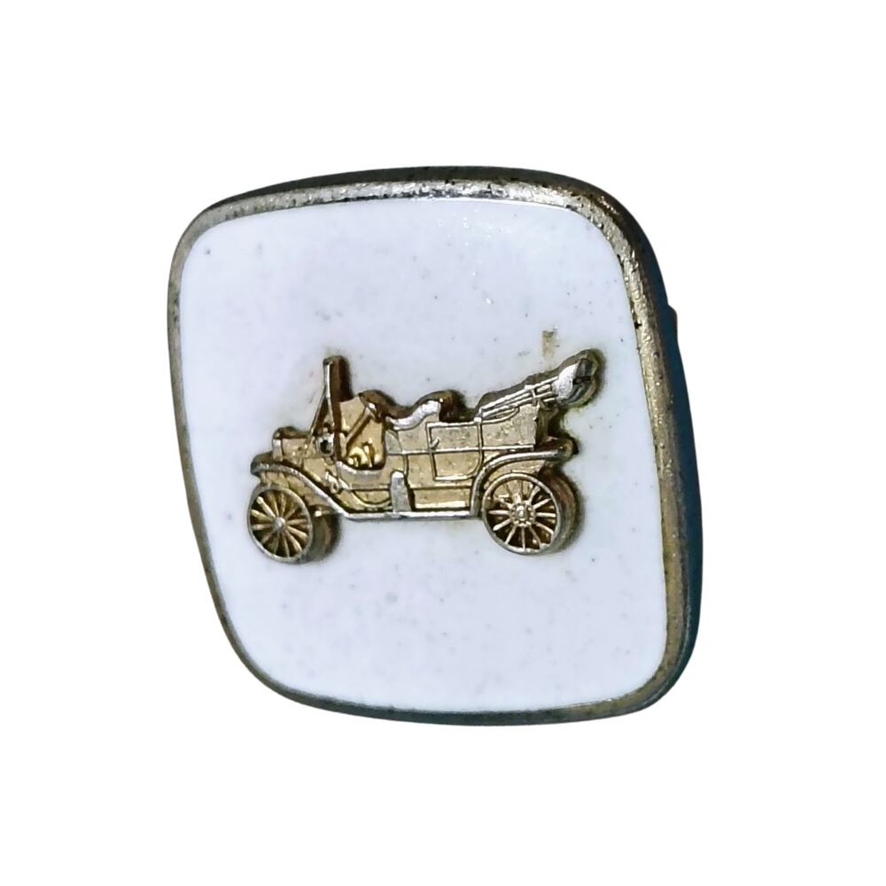 1950s Roadster White Enamel Cufflinks Faux Gold Metal Formal Wear Set of Two